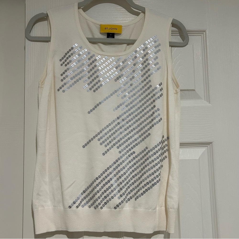 St. John Ivory Cardigan with Shimmering Silver Accents zip up sweater with tank - Picture 7 of 8